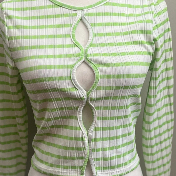 Topshop Ribbed Long Sleeve Cut Out Top Small Green Stripes Stretchy NWOT‎ - Picture 6 of 11